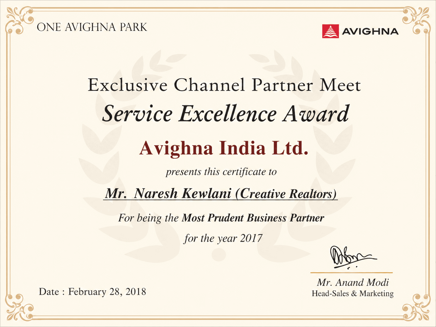 Avighna service excellence award for Naresh Kewlani