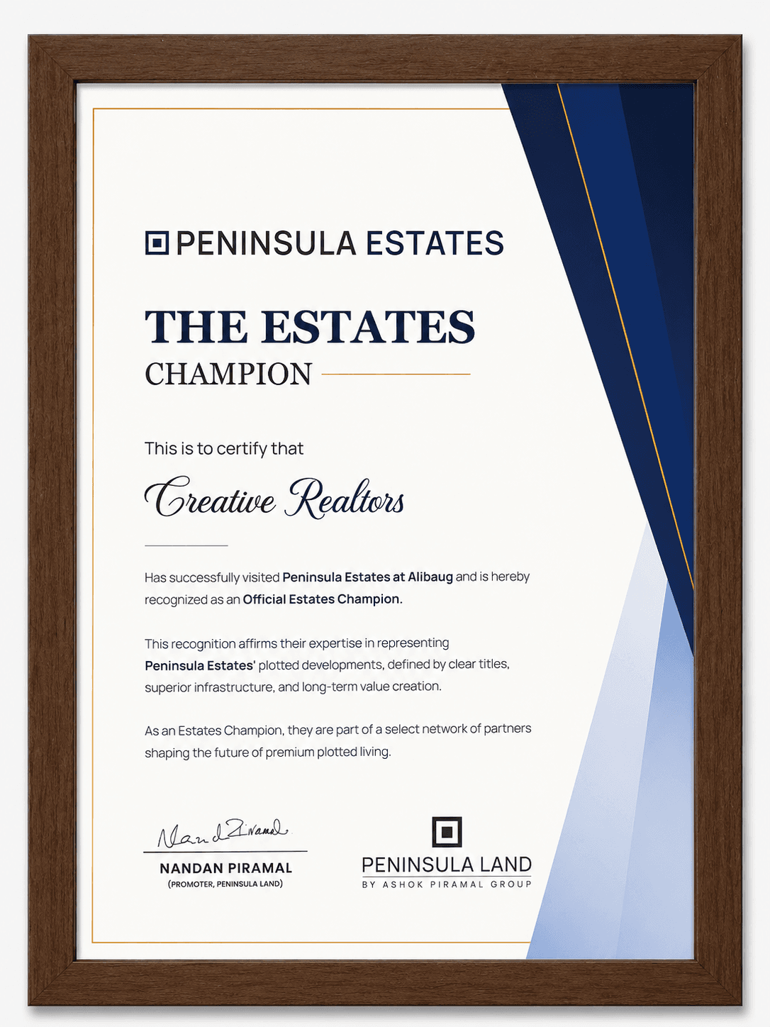 Peninsula Estates champion certificate for Creative Realtors