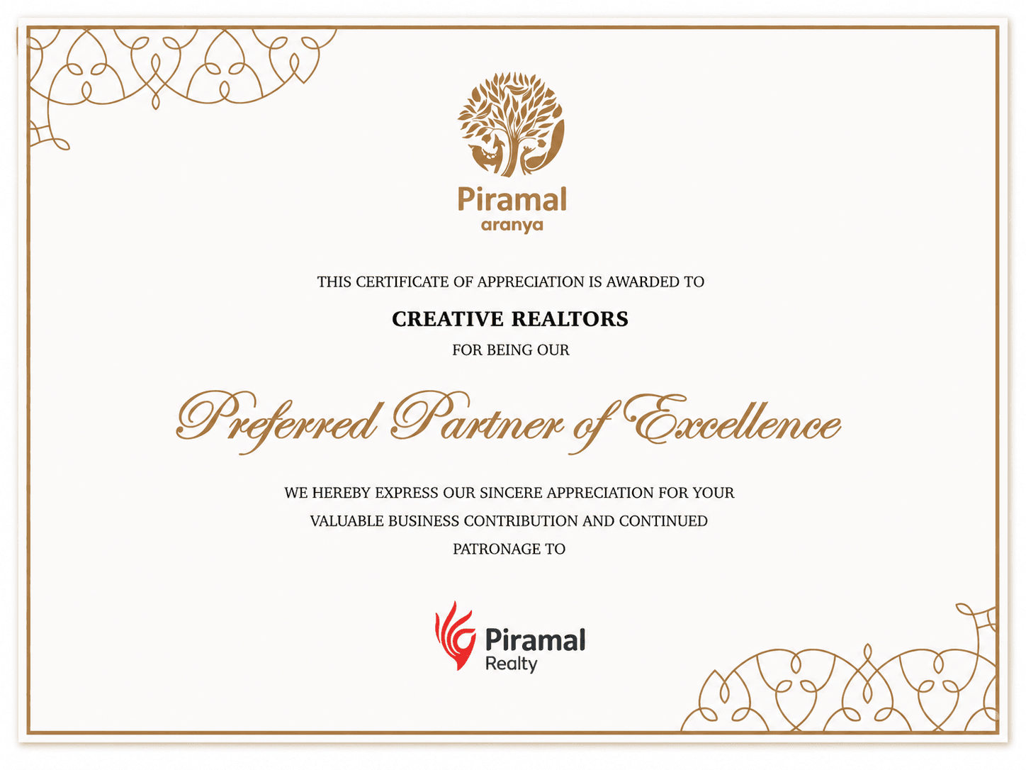 Piramal Aranya preferred partner of excellence certificate