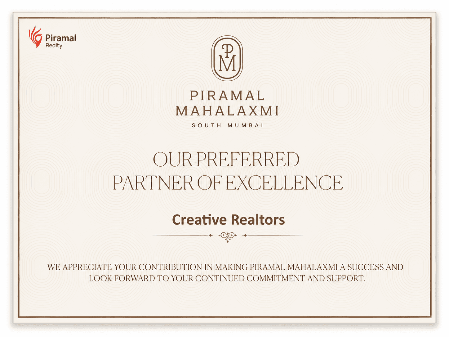 Piramal Mahalaxmi preferred partner of excellence certificate
