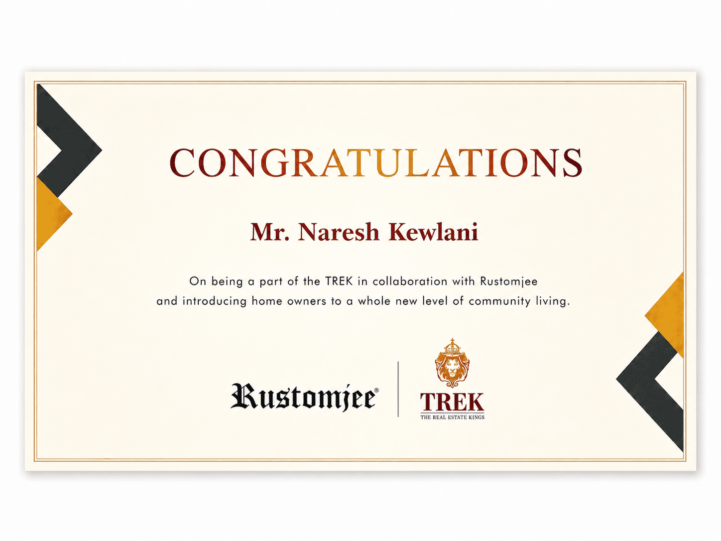 Rustomjee and TREK recognition certificate for Naresh Kewlani