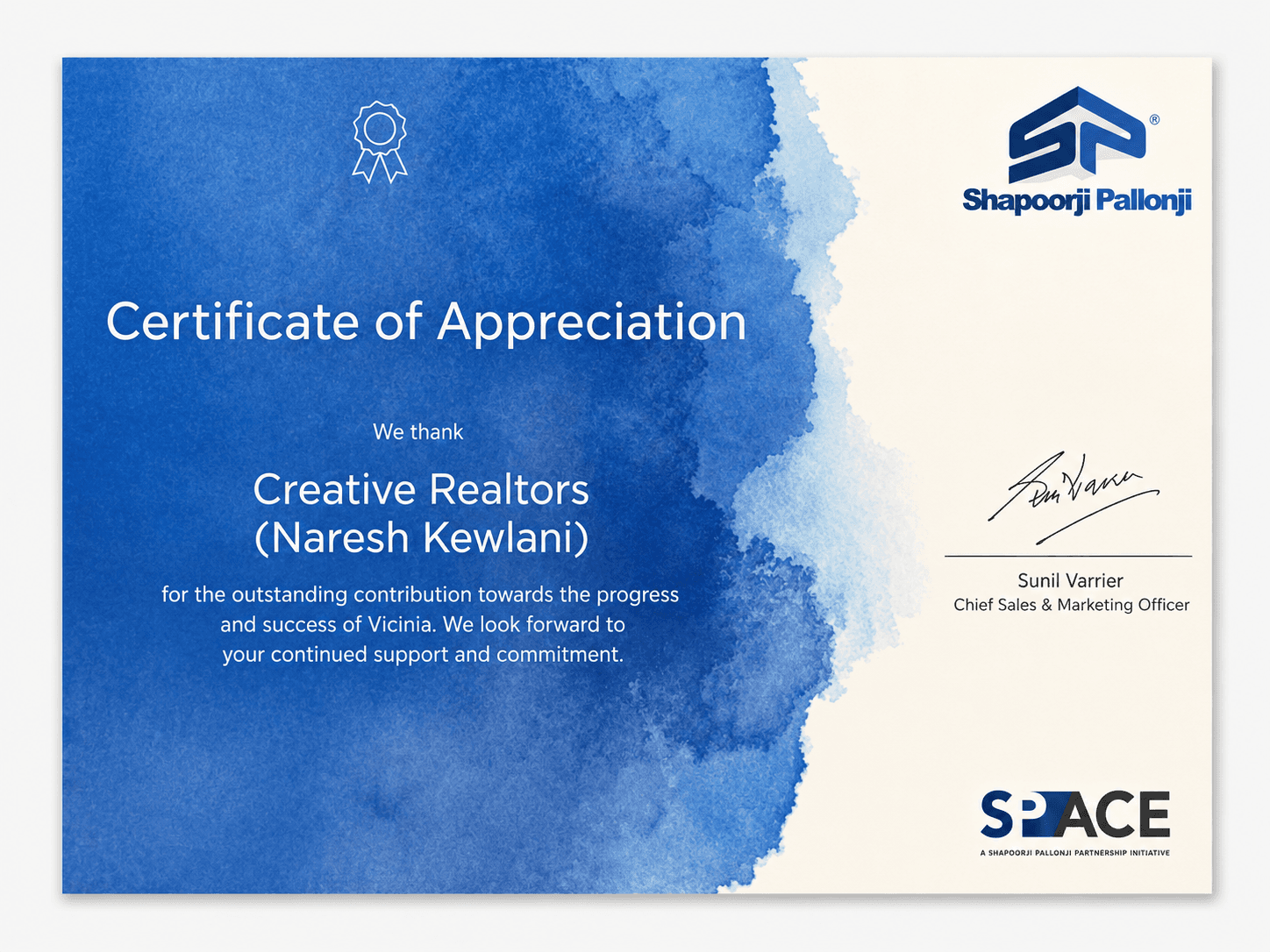 Shapoorji Pallonji certificate of appreciation for Creative Realtors